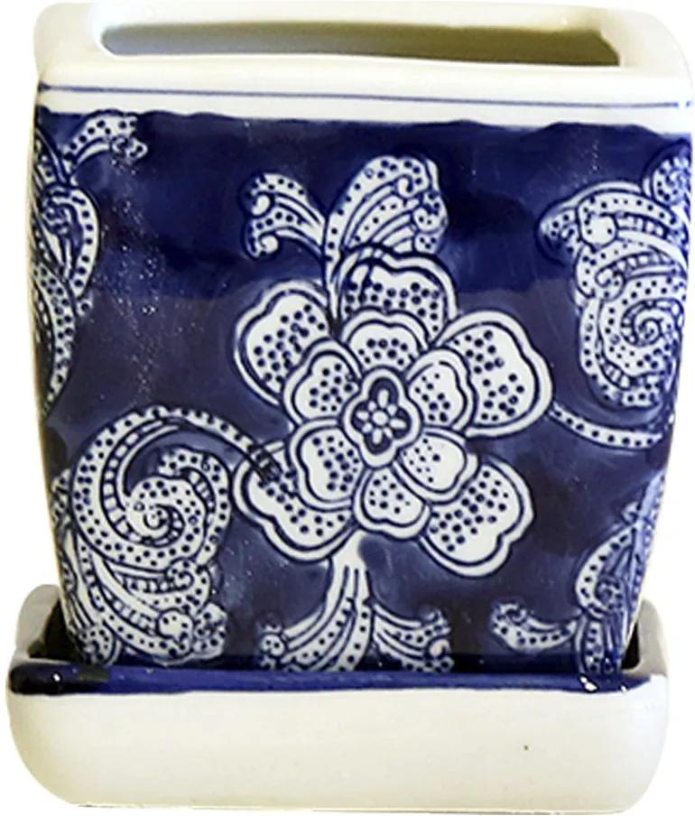 Cachepot em Porcelana Quadrado com Prato Floral Azul e Branco D09cm x A10cm