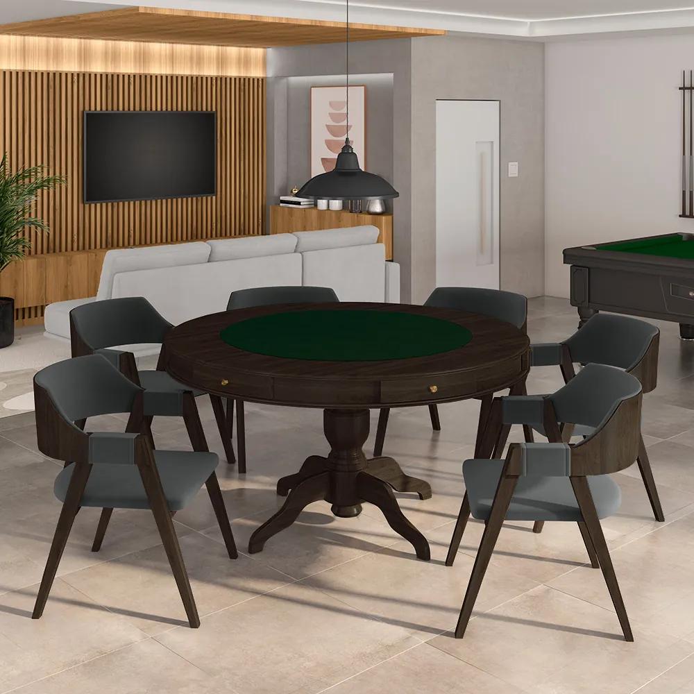 Conjunto Mesa de Jogos Carteado Bellagio Tampo Reversível e 6 Cadeiras Madeira Poker Base Estrela Veludo Cinza/Capuccino G42 - Gran Belo