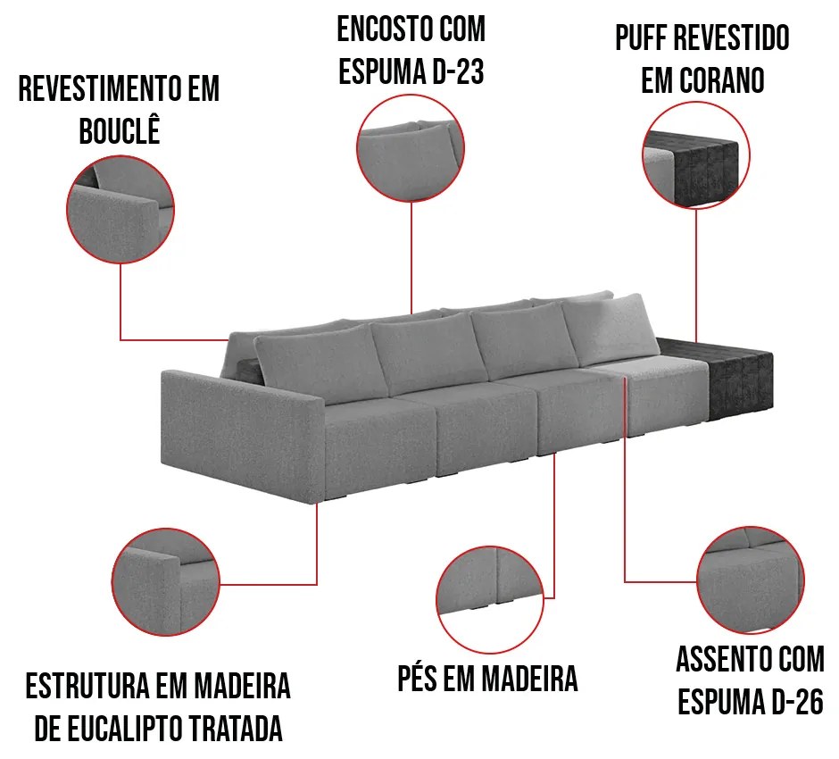 Sofá Ilha 4 Lugares Living 432cm Modulado Sala Lary Bouclê/PU Pto K01 - D'Rossi - Cinza