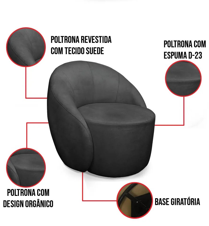 Poltrona Decorativa Orgânica Giratória Kit 2 Lua Suede D03 - D'Rossi - Preto