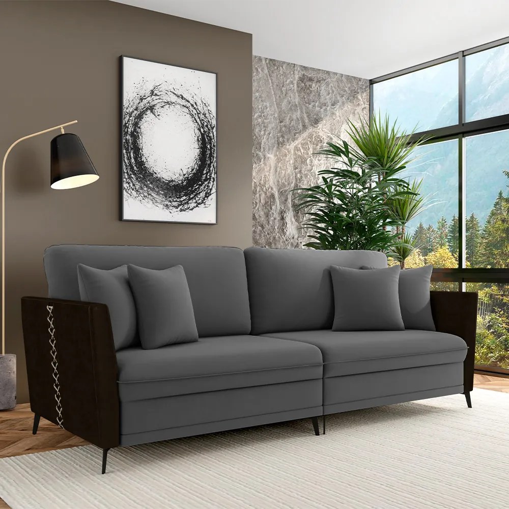 Sofá Living Decorativo Zagreb 3 Lugares 262cm com Almofadas Pés de Ferro Veludo/PU Grafite/Marrom G33 - Gran Belo