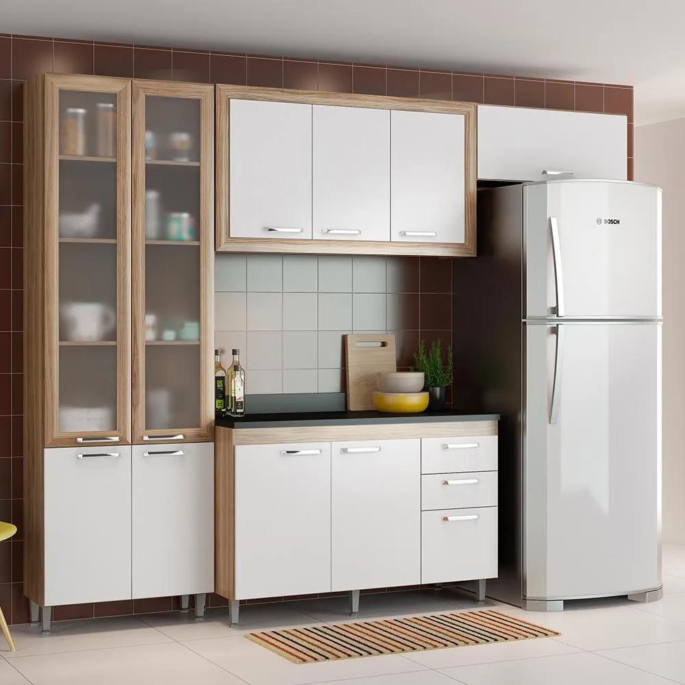 Cozinha Compacta 10 Portas C/ Vidro Tampo Preto 5703 Branco/Argila - Multimóveis