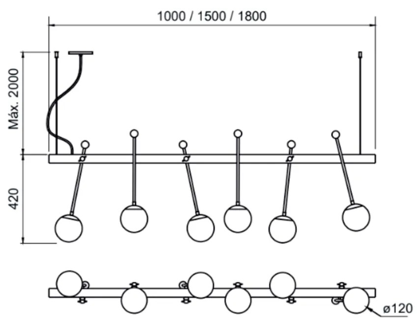 Pendente Varal 42X180X20Cm 08Xg9 Globo Ø12Cm - Usina 50000/8 (BT / CB-P - Branco Texturizado / Cobre Brilho Polido, Ambar)