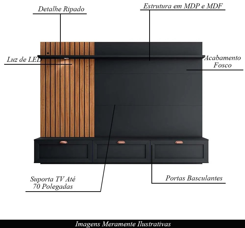 Home Painel Suspenso 200cm Ripado Caraíva Led Preto/Noce G73 - Gran Belo