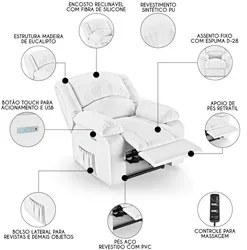 Poltrona do Papai Reclinável Pietra Elétrica LED Massagem FH9 PU Branc