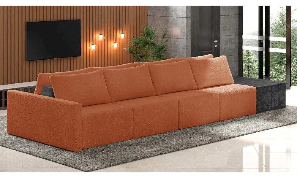 Sofá Ilha 4 Lugares Living 432cm Modulado Sala Lary Bouclê Terracota/PU Pto K01 - D'Rossi