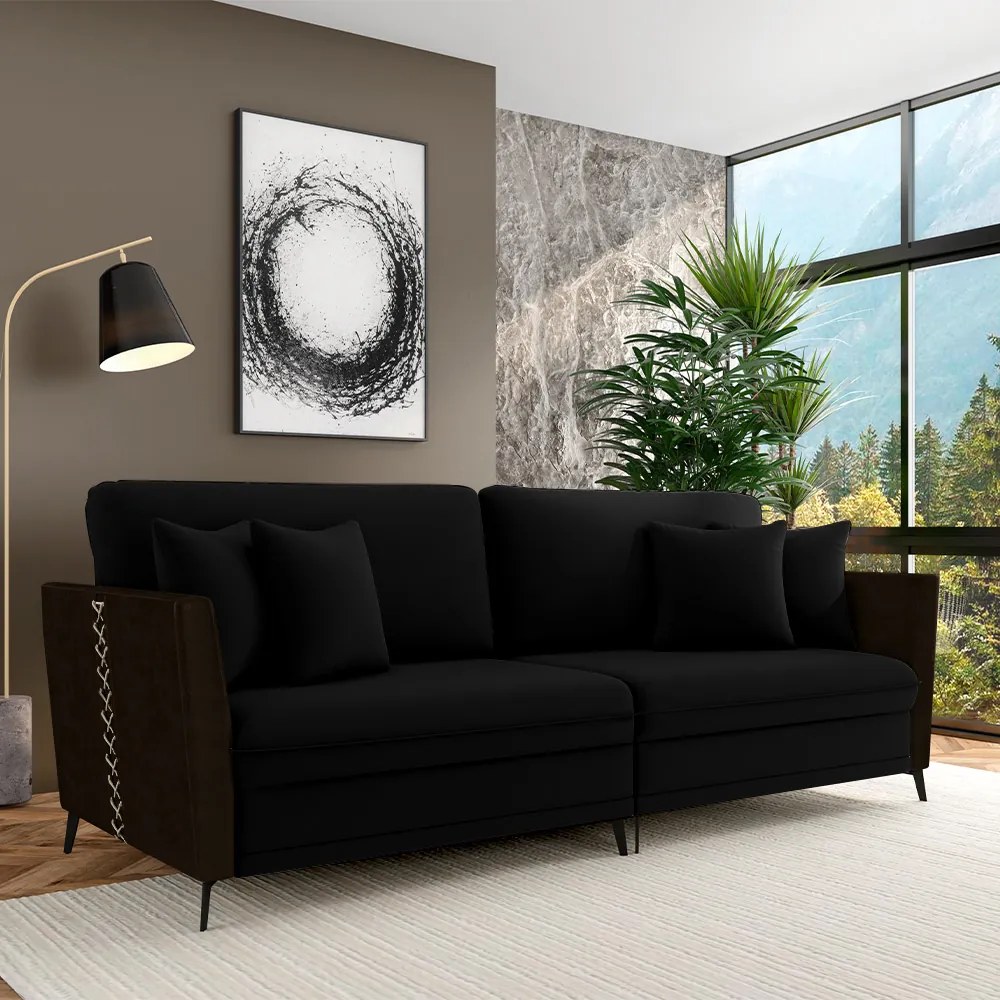 Sofá Living Decorativo Zagreb 2 Lugares 182cm com Almofadas Pés de Ferro Veludo/PU Preto/Marrom G33 - Gran Belo