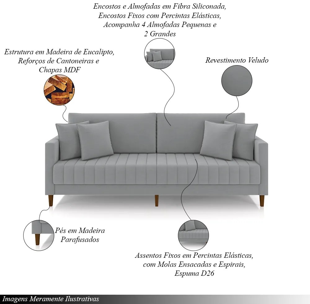 Sofá Living Decorativo Hamburgo 2 Lugares 156cm com Almofadas Pés em Madeira Veludo Cinza G33 - Gran Belo