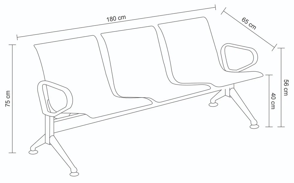 Longarina para Escritório 180cm Desk 3 Lugares Braços Externos em Aço Inox G56 - Gran Belo