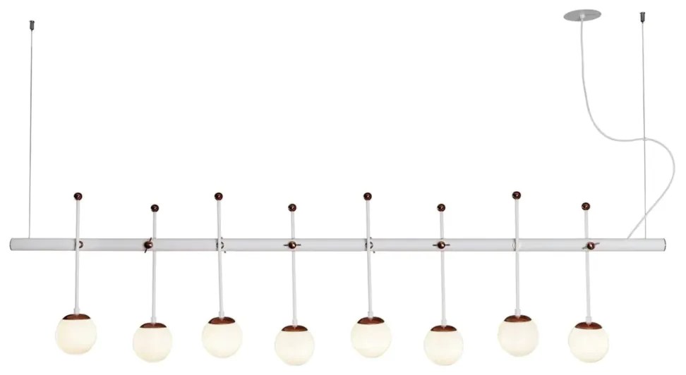 Pendente Varal 42X180X20Cm 08Xg9 Globo Ø12Cm - Usina 50000/8 (BT / CB-P - Branco Texturizado / Cobre Brilho Polido, Branco (Fosco))