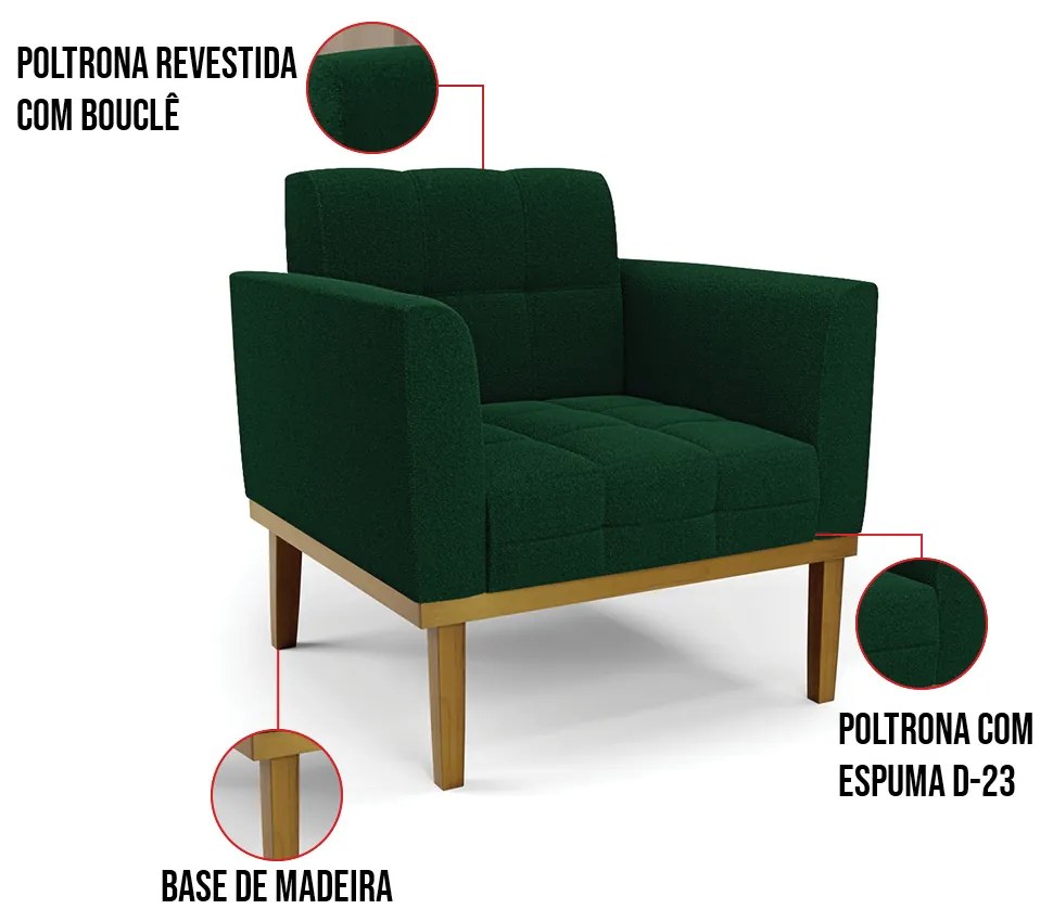 Poltrona Sala Base Madeira Fixa Castanho Elisa Bouclê D03 - D'Rossi - Verde