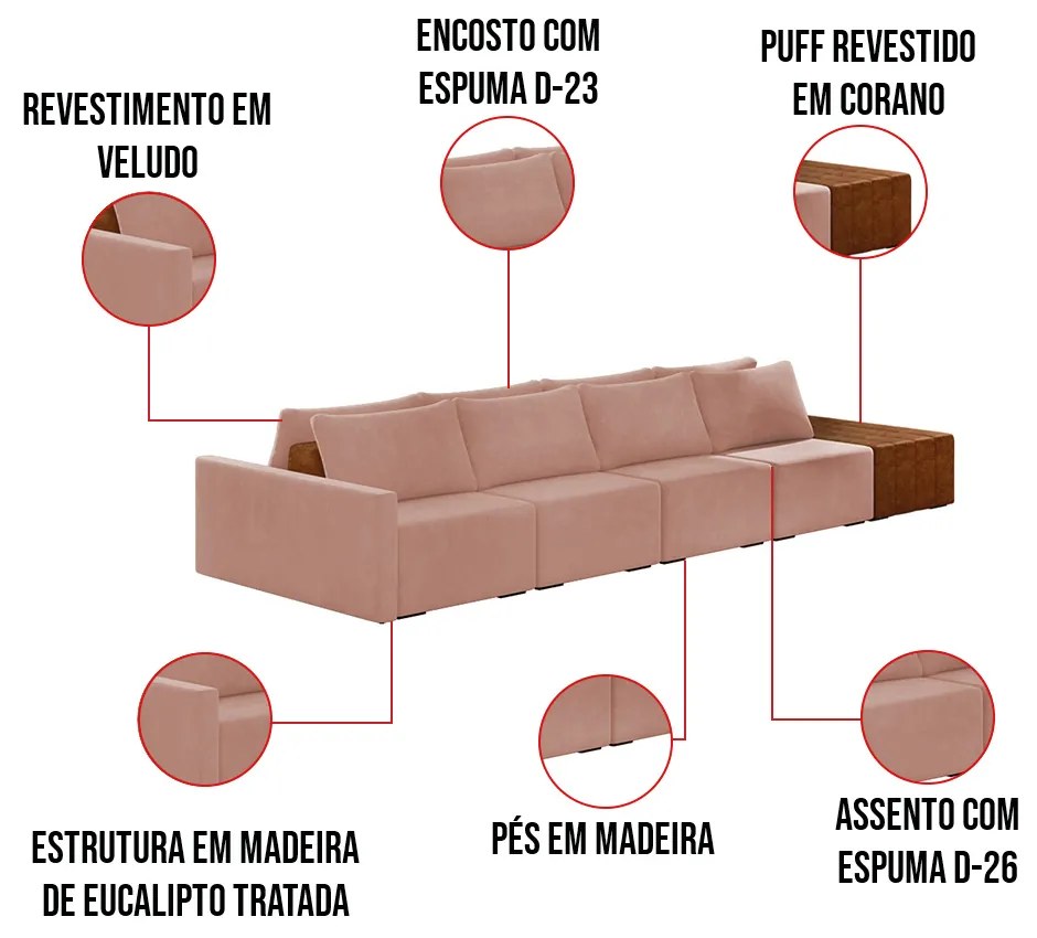 Sofá Ilha 4 Lugares Living 472cm Modulado para Sala Lary Veludo Rosê K01 - D'Rossi