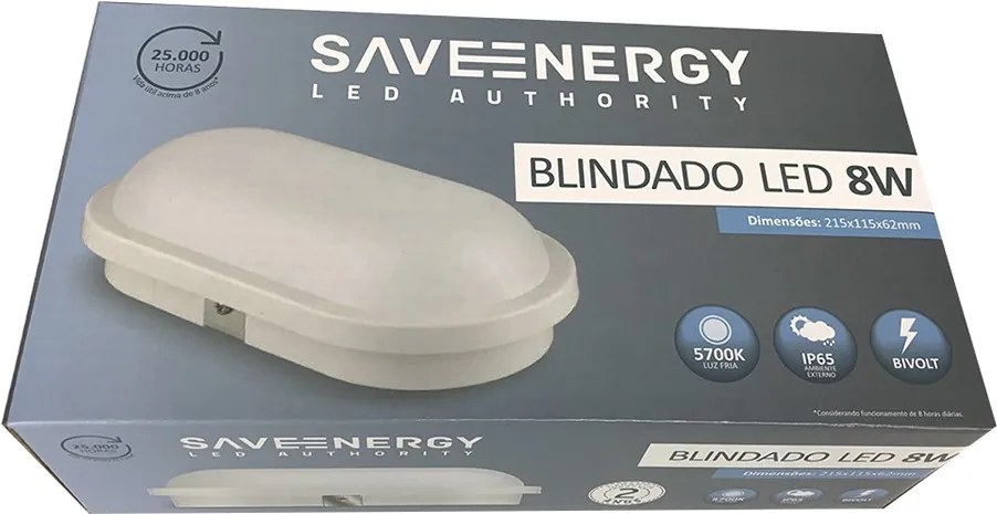 Arandela Blindada Led 8W 5700K - Save Energy - Bivolt.