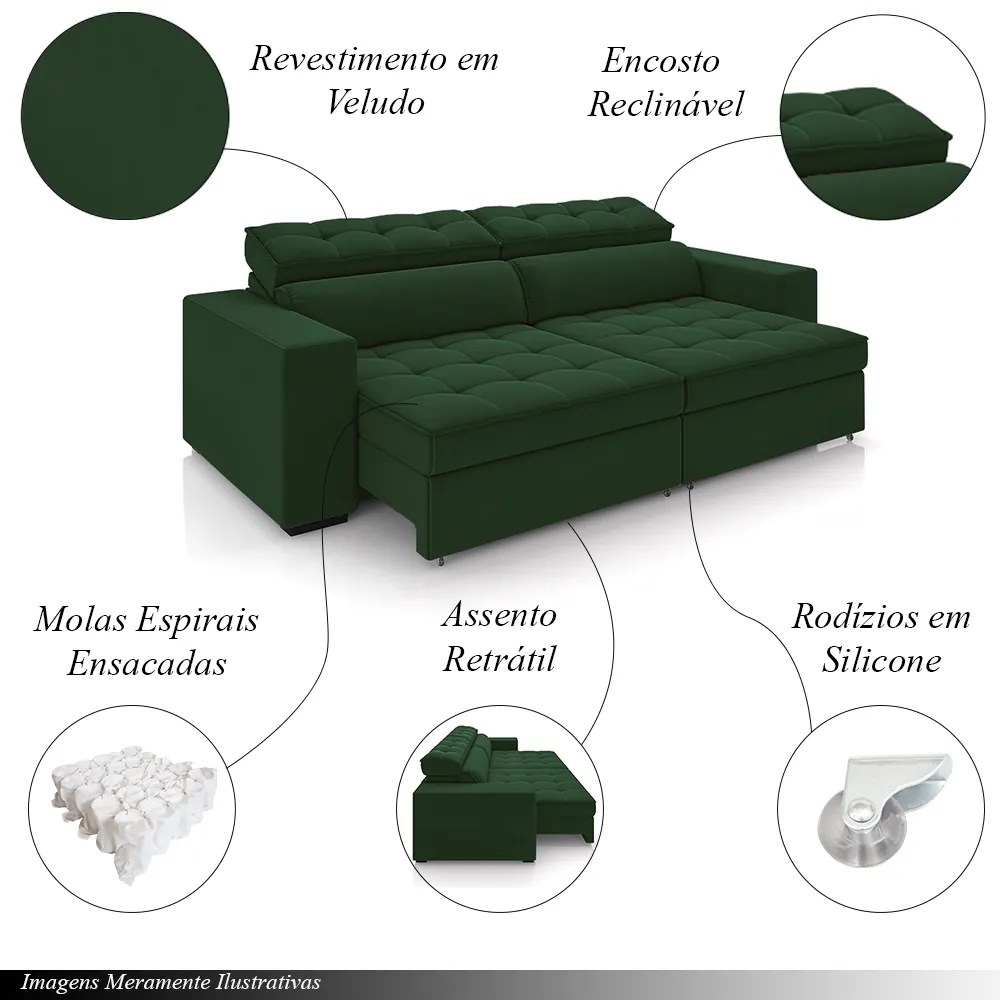 Sofá Decorativo Hugo 2 Lugares 300cm Reclinável e Retrátil Veludo Verde G45 - Gran Belo