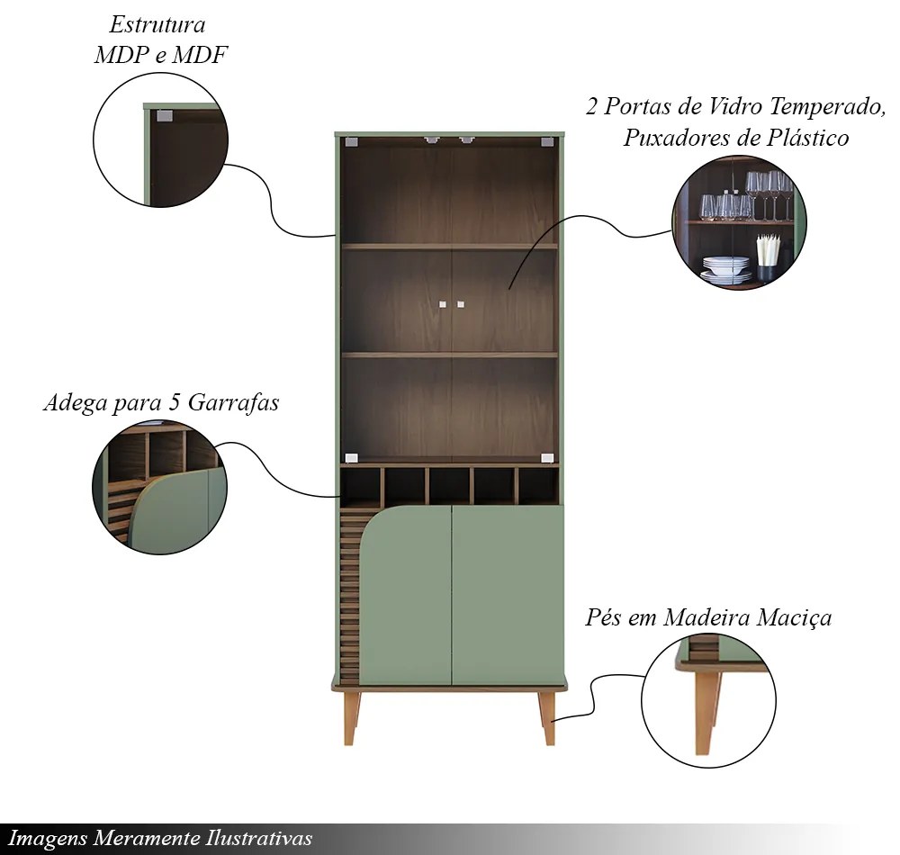 Conjunto Buffet e Cristaleira Decorativa Sala de Estar Versátil Village Pés de Madeira Hortelã/ Amêndoa G73 - Gran Belo
