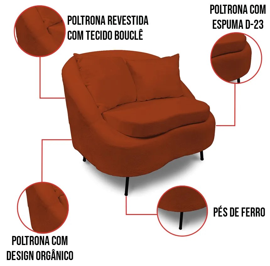 Poltrona Decorativa Orgânica Pé Ferro Pto Kit 2 Zaya Bouclê Terra C05 - D'Rossi