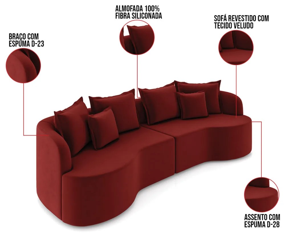 Sofá 5 Lugares Orgânico Living 290cm Mersa Veludo K01 - D'Rossi - Vermelho