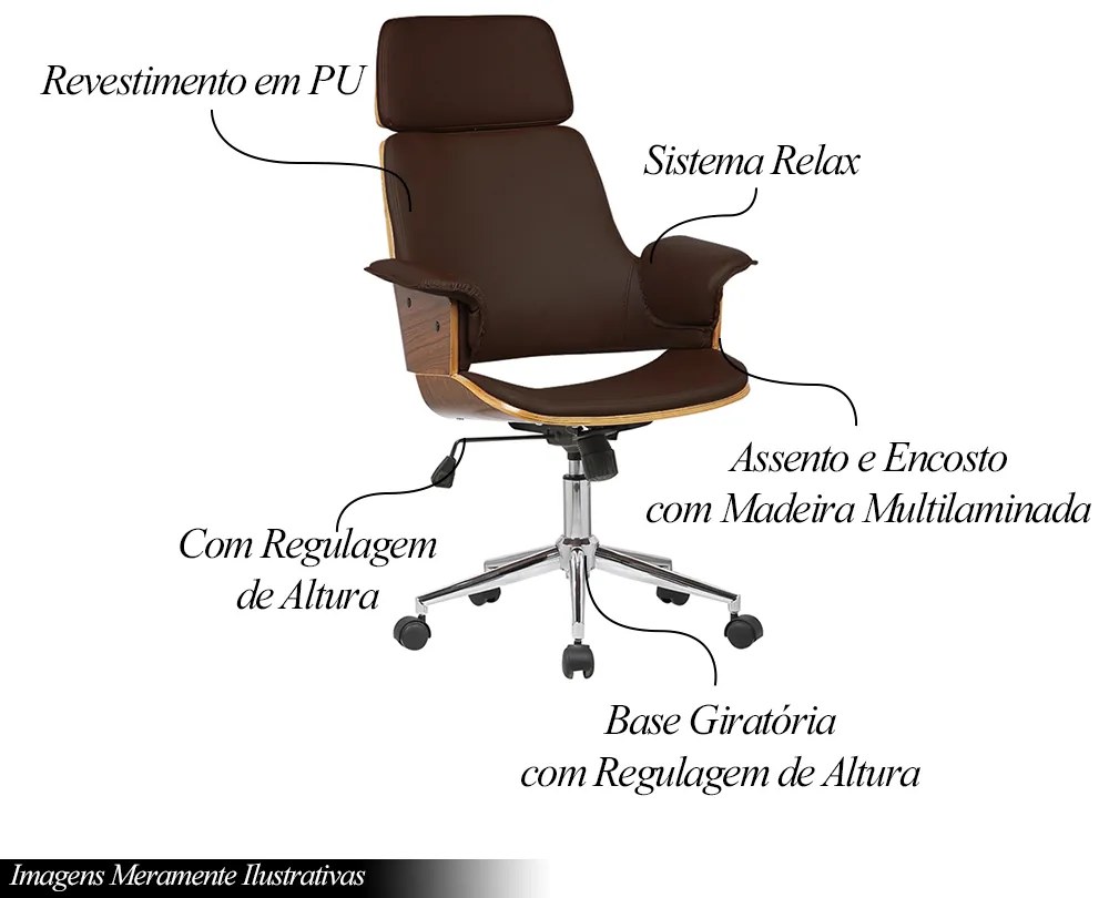 Cadeira de Escritório Home Office Decorativa Casemiro PU c/Regulagem de Altura Base Giratória Marrom G56 - Gran Belo