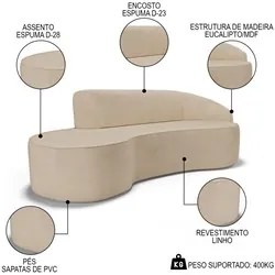 Sofá Living 4 Lugares 300cm Braço Direito Mozart D06 Linho Bege Escuro