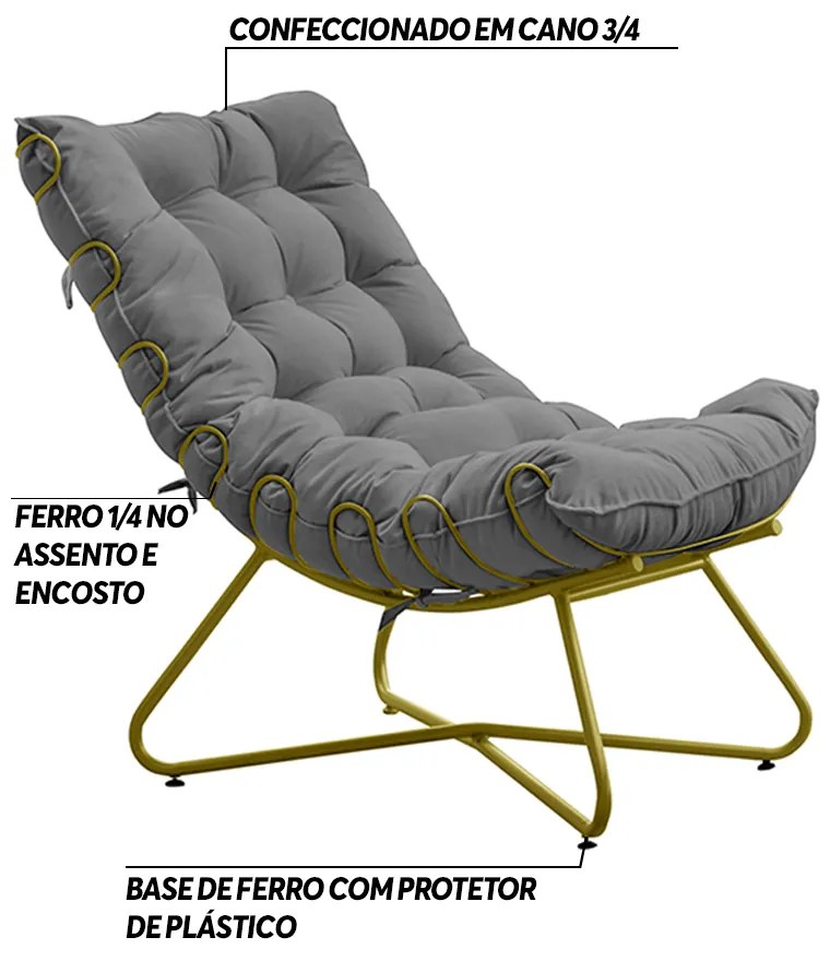 Poltrona Decorativa Sala de Estar Caim Base de Ferro Dourado Suede Cinza G41 - Gran Belo