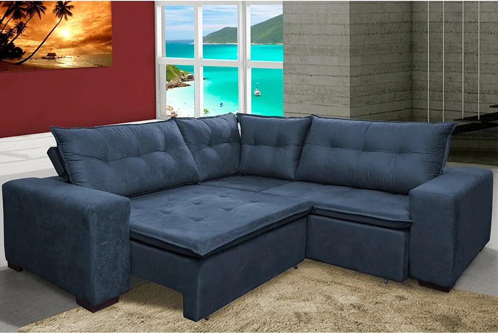 Sofa De Canto Retrátil E Reclinável Com Molas Cama Inbox Oklahoma 2,40m X 2,40m Suede Velusoft Azul