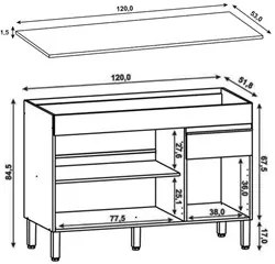 Balcão Gabinete para Pia com Tampo 120cm Lina K02 Vanilla - Mpozenato