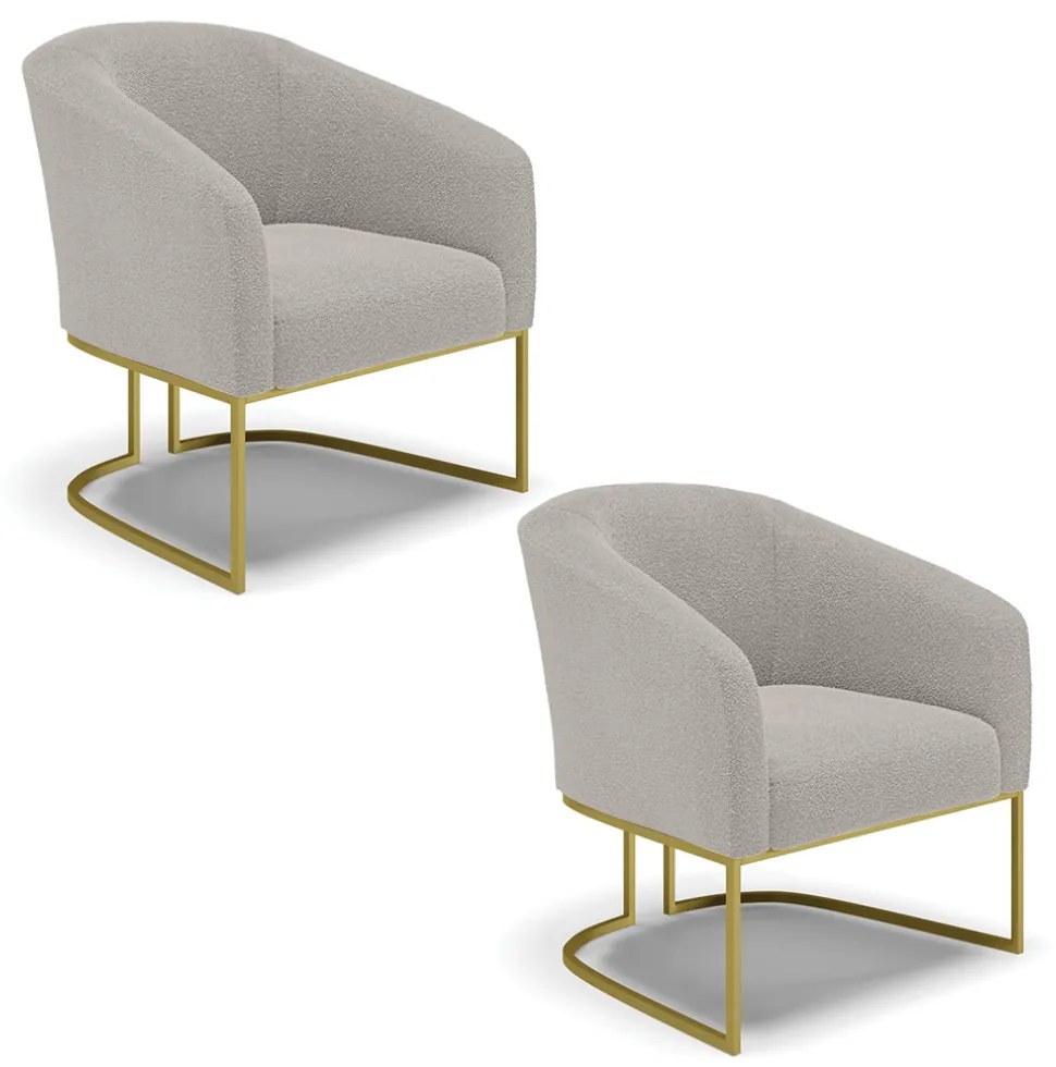 Poltrona Para Sala Industrial Dourado Kit 2 Stella Bouclê D03 - D'Rossi - Cinza