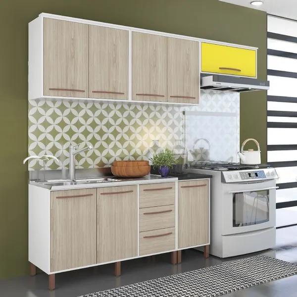 Cozinha Compacta Pistache com 3 Aéreos e 2 Balcões Albatroz - Branco/Teka/Amarelo