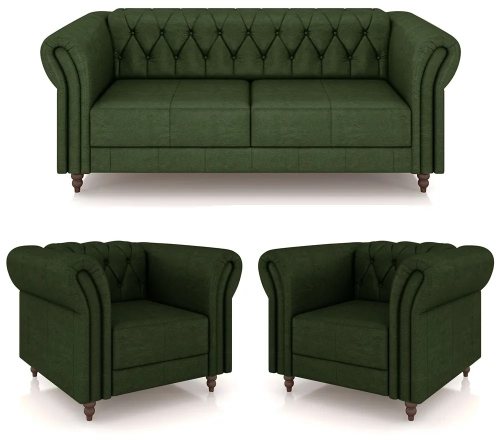 Conjunto Sala de Estar 1 Sofá Living 200cm e 2 Poltronas Stanford Chesterfield Pés Madeira Couro Verde Manchado G58 - Gran Belo