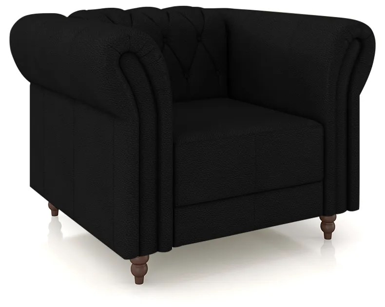 Poltrona Decorativa Sala de Estar Stanford Chesterfield Pés de Madeira Couro Preto G58 - Gran Belo