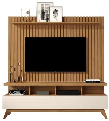 Rack Vivare 1.6 Wood Com Painel Para TV Até 65 Polegadas Classic Ripado Verdadeiro Nature/Off White - JLAR Móveis