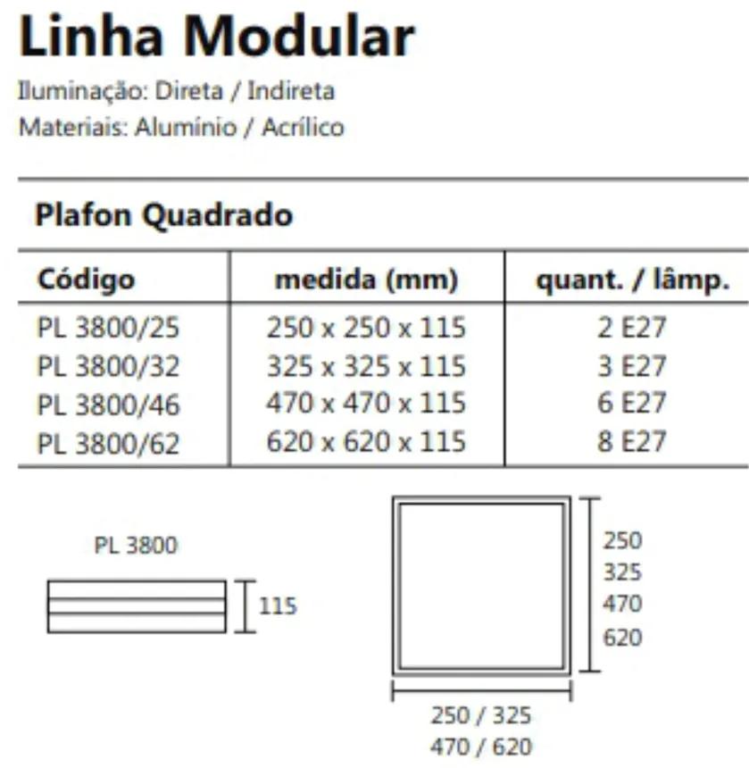 Plafon De Sobrepor Modular Quadrado 25X25Cm 02Xe27 Metal E Acrílico |... (BT - Branco Texturizado)