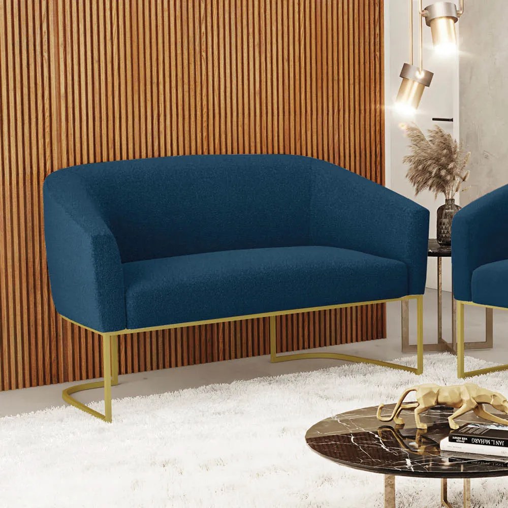 Sofá 2 Lugares Namoradeira Industrial Dourado Stella Bouclê D03 - D'Rossi - Azul