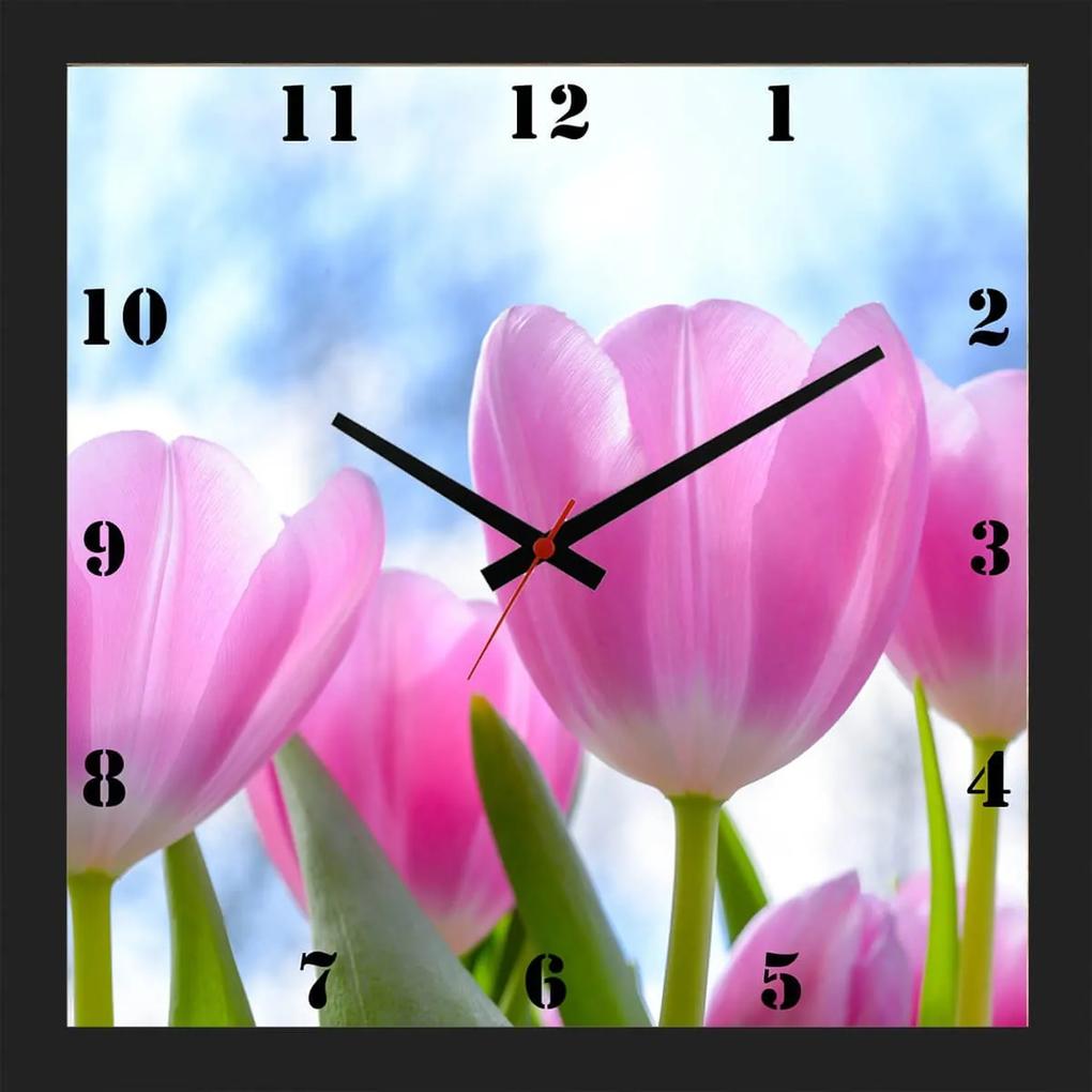 Relógio De Parede Personalizado Moldura Preta Floral Tulipas 30x30cm