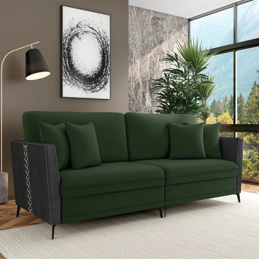 Sofá 2 Lugares Living 182cm Mondaí Sintético Preto/Veludo K01 - D'Rossi - Verde