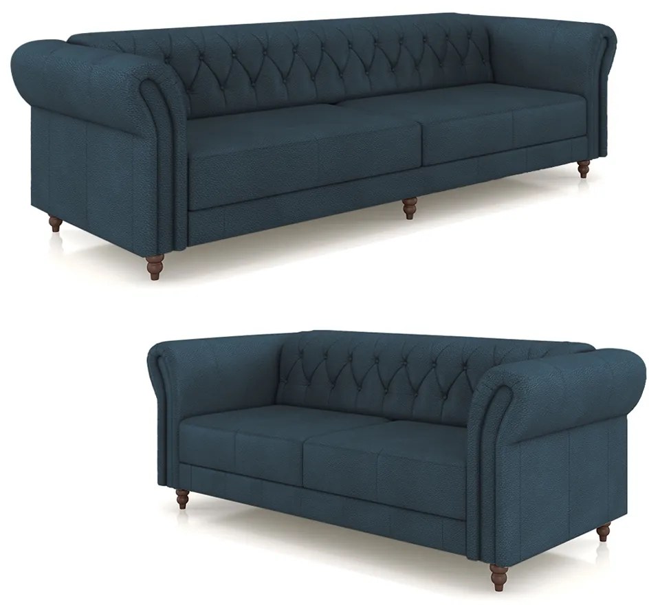 Conjunto de Sofá Sala de Estar Stanford Chesterfield 2 e 3 Lugares 200cm/260cm Pés Madeira Couro Azul Marinho G58 - Gran Belo