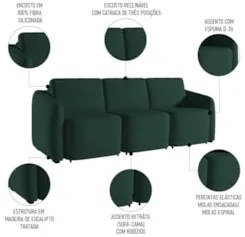 Sofá Cama Casal para Sala 306cm Polska Z08 Veludo Verde - Mpozenato