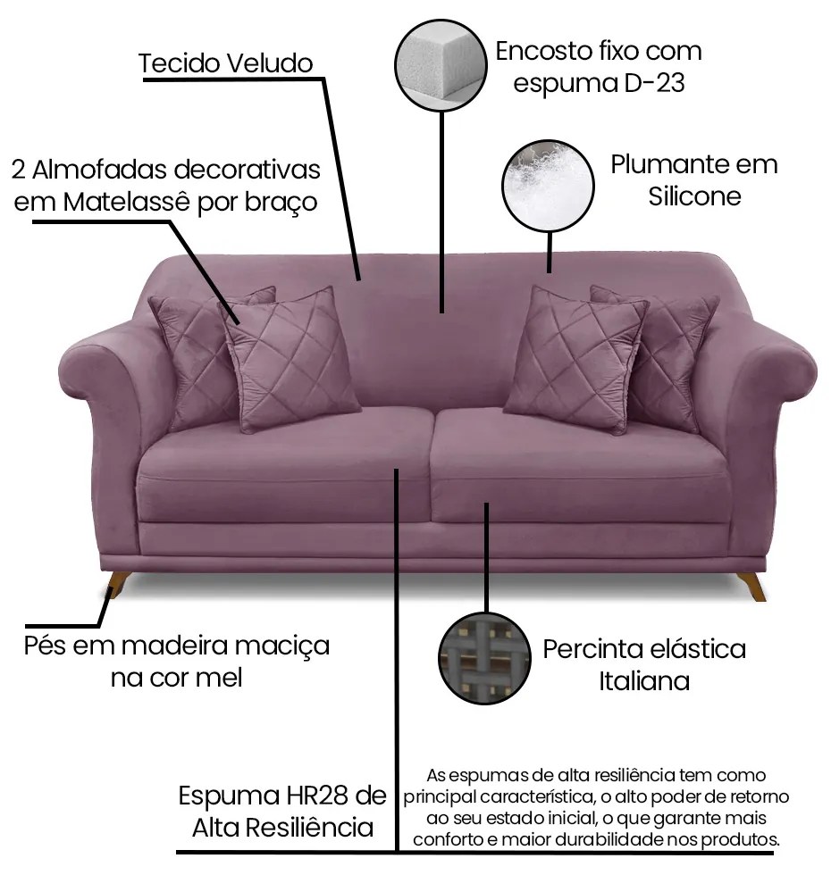 Sofá 3 Lugares Pé de Madeira Julieta 200 cm Veludo S04 - D'Rossi - Vinho