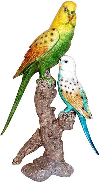 Estátua Pássaros Casal Verde e Azul no Galho