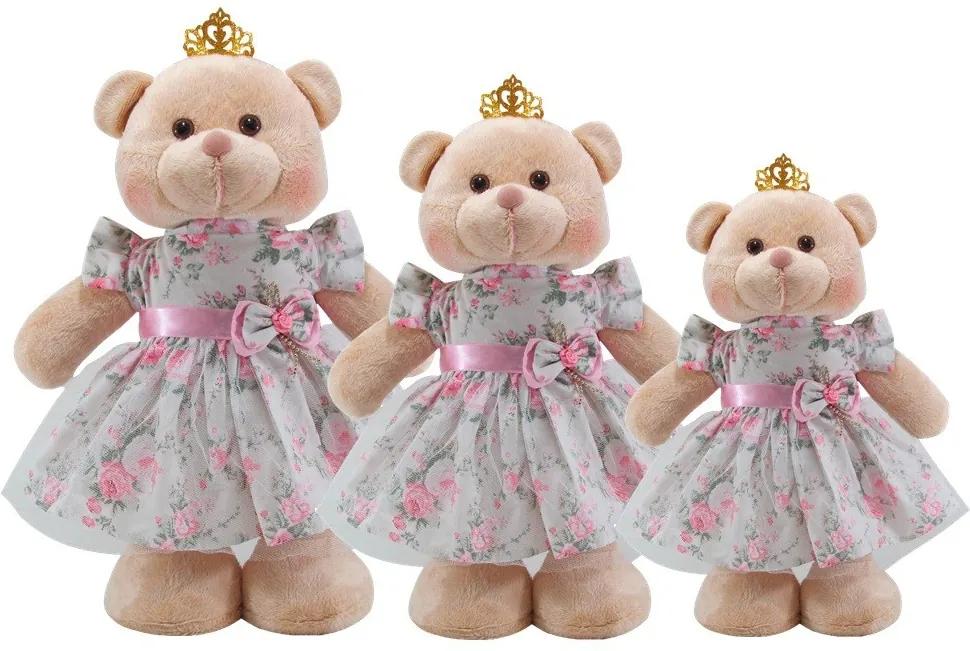 Kit 3 Peças Ursas Soft em Pé Vestido Floral Faixa Rosa com Coroa