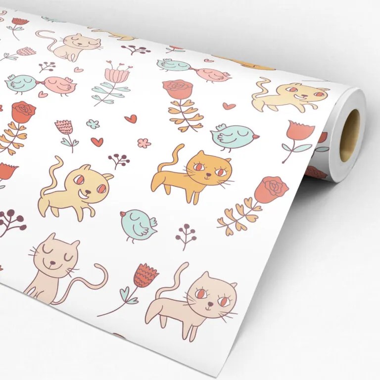 Papel de parede adesivo casual gatos pássaros e flores