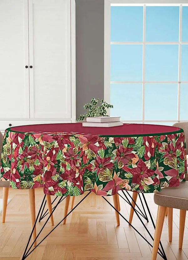 Toalha de Mesa Redonda Floral Vermelha 145 Cm