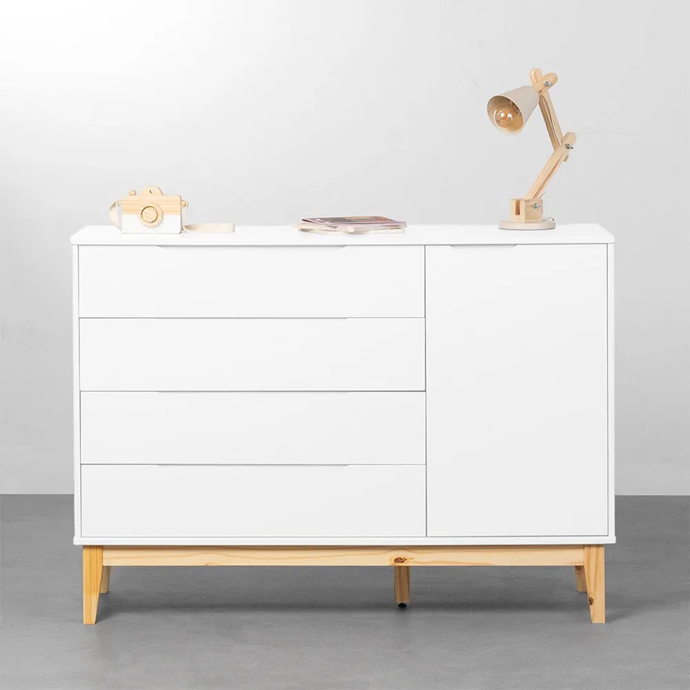 Cômoda Elfe 4 Gavetas e 1 Porta com Pés Square Natural - Branco Fosco