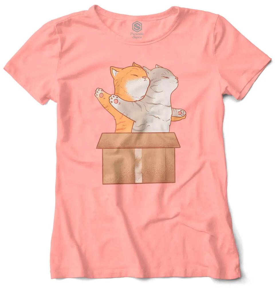 Camiseta Baby Look Gato Gatinhos Na Caixa Titanic - Salmão - XGG