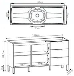 Balcão Gabinete com Pia Inox 160cm Charm Z06 Freijó - Mpozenato