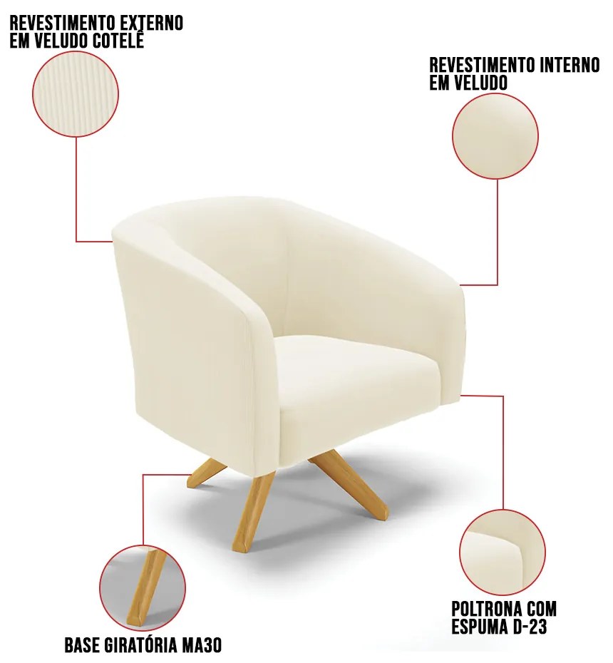 Poltrona Decorativa Giratória MA30 Kit 2 Stella Cotelê Ext/Veludo D03 - D'Rossi - Off White
