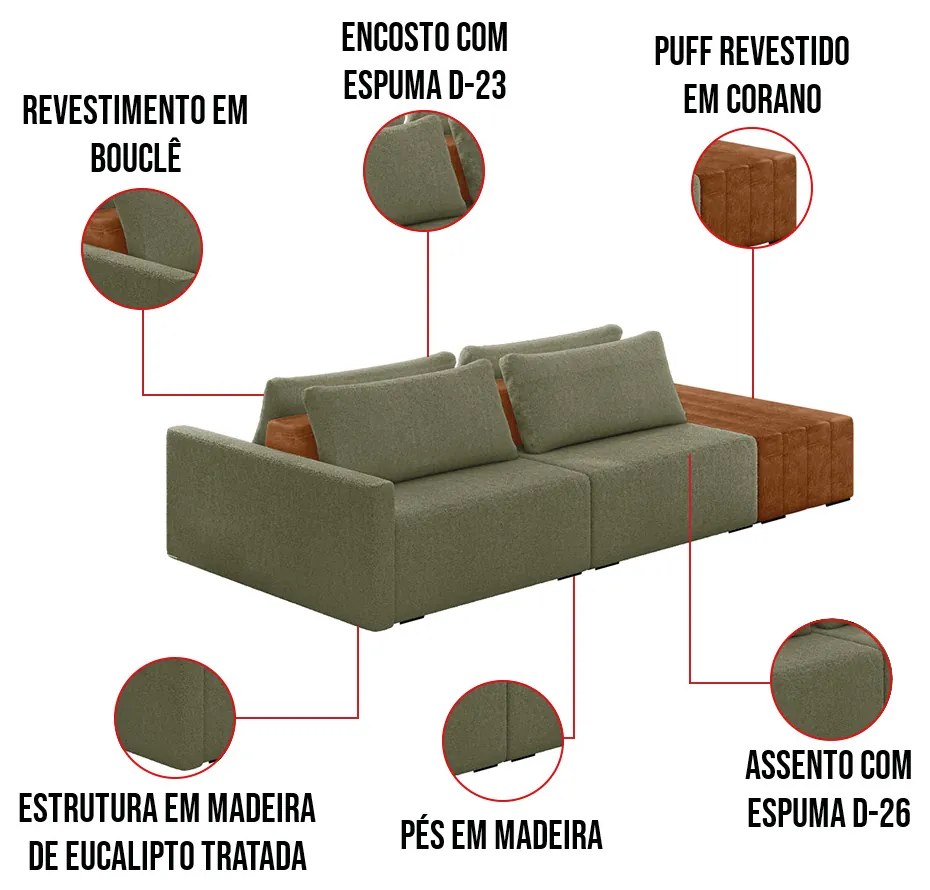 Sofá Ilha 2 Lugares Living 292cm Modulado para Sala Lary Bouclê Verde K01 - D'Rossi