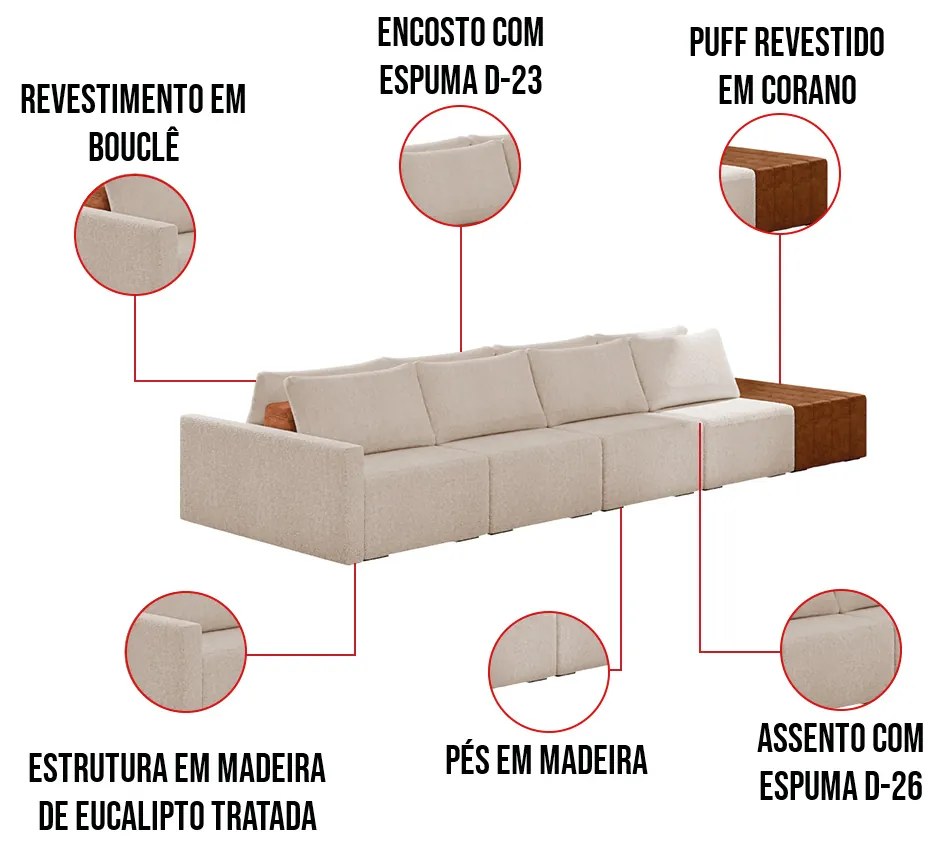 Sofá Ilha 4 Lugares Living 392cm Modulado para Sala Lary Bouclê Creme K01 - D'Rossi