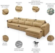 Sofá Retrátil 4 Lugares Para Sala 379cm Dijon Couro Bege S07 - Mpozena