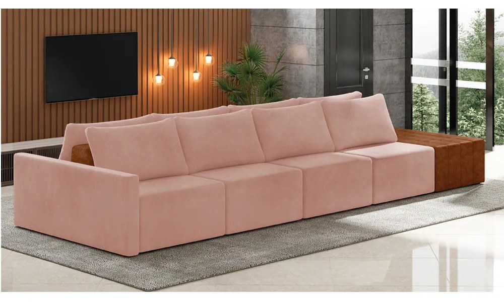 Sofá Ilha 4 Lugares Living 472cm Modulado para Sala Lary Veludo K01 - D'Rossi - Rose